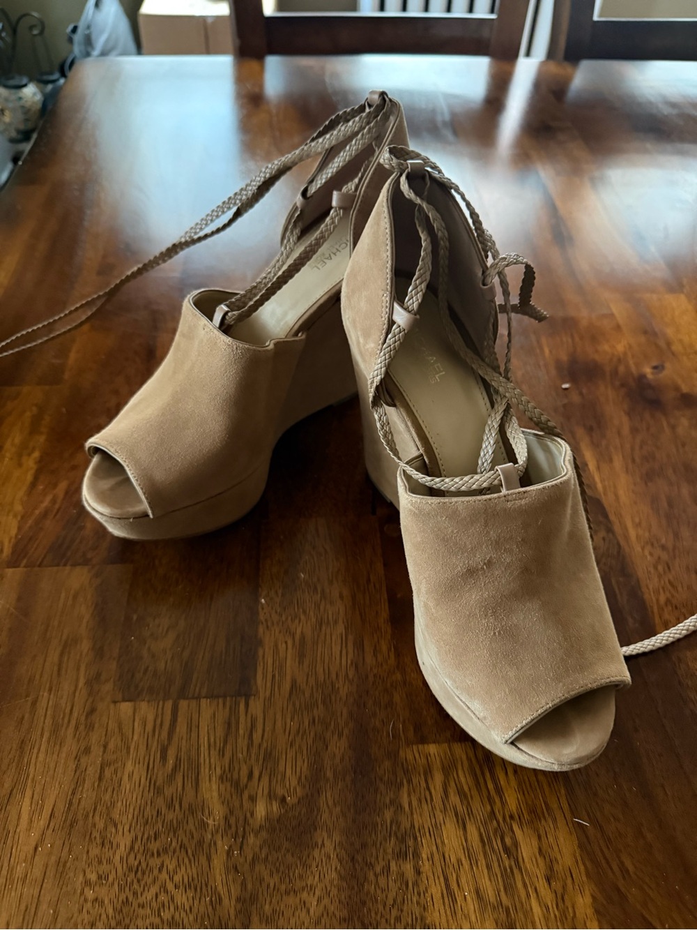MICHAEL Michael Kors Tan Suede Peep-Toe Platform Sandals with Braided Ankle Ties